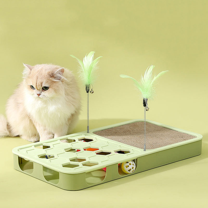 Cat Puzzle Toy with Scratcher – Interactive Cat Toy with Feather and Balls for Indoor Cats