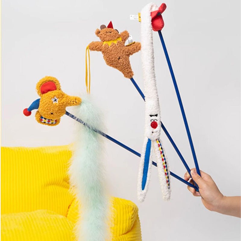 Cat Teaser Toy with Plush Character, Feathers and Bell – Interactive Catnip Toy for Cats