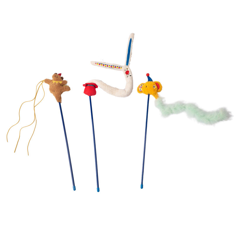 Cat Teaser Toy with Plush Character, Feathers and Bell – Interactive Catnip Toy for Cats