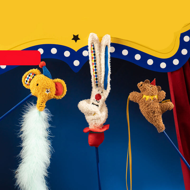 Cat Teaser Toy with Plush Character, Feathers and Bell – Interactive Catnip Toy for Cats