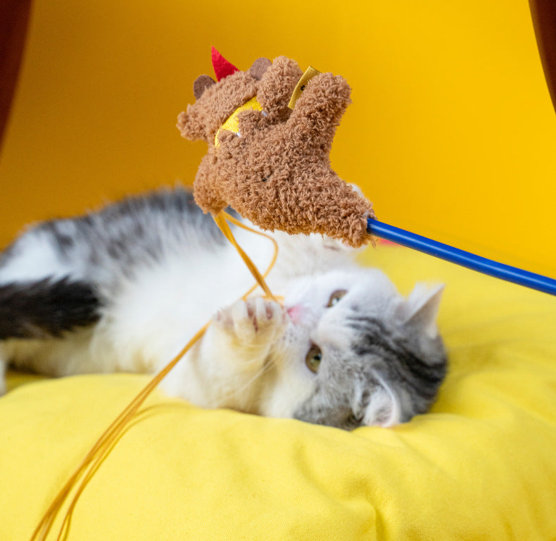 Cat Teaser Toy with Plush Character, Feathers and Bell – Interactive Catnip Toy for Cats